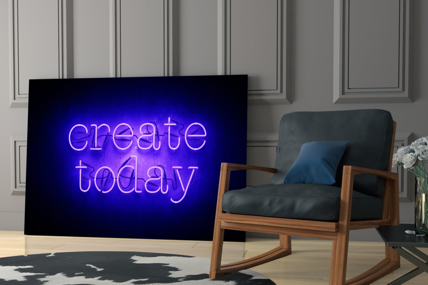 Blue neon "create today" wall art displayed on black glass panel in modern living room with wooden chair and white flowers.