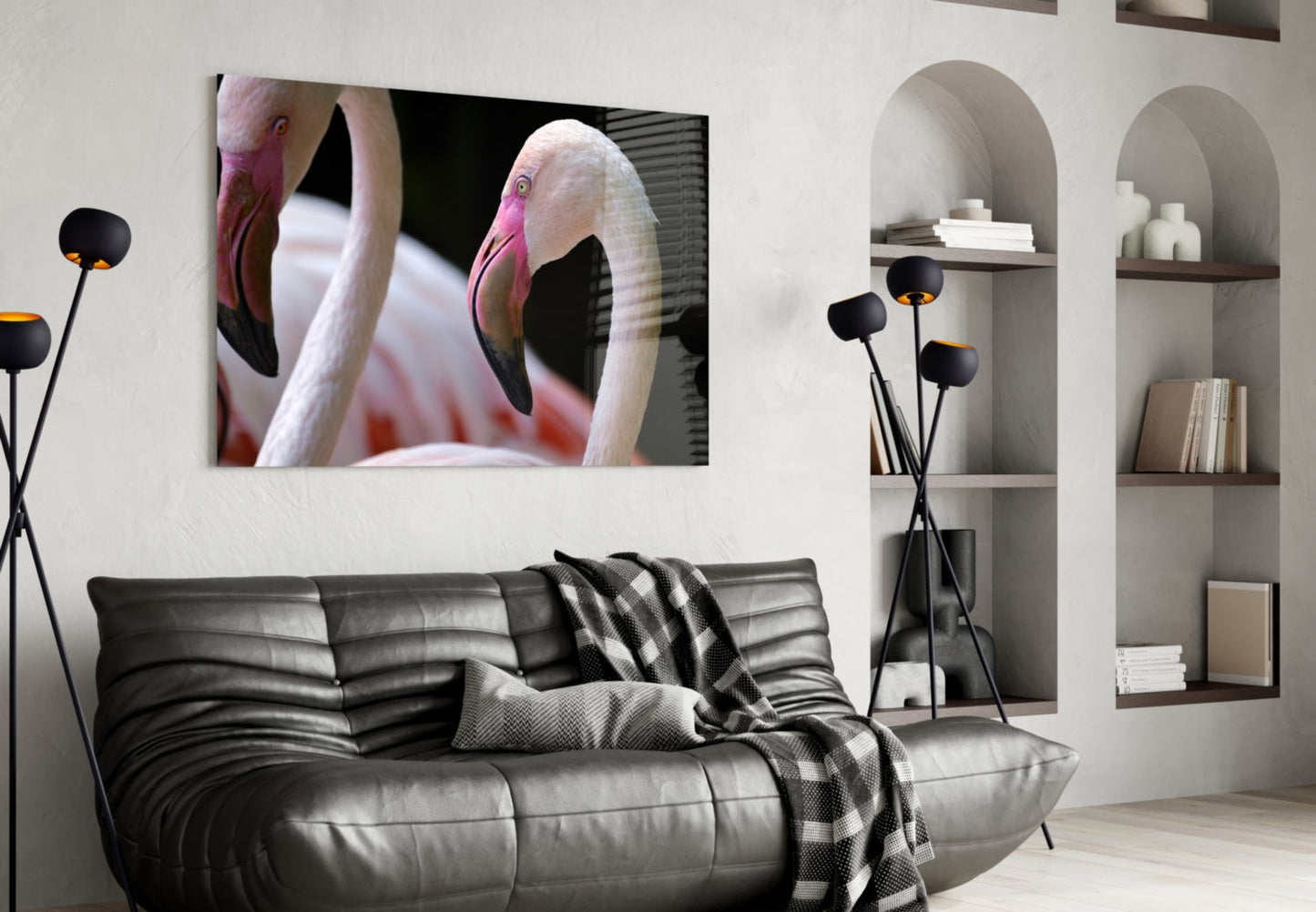 Two Pink Flamingo Heads Glass Wall Art