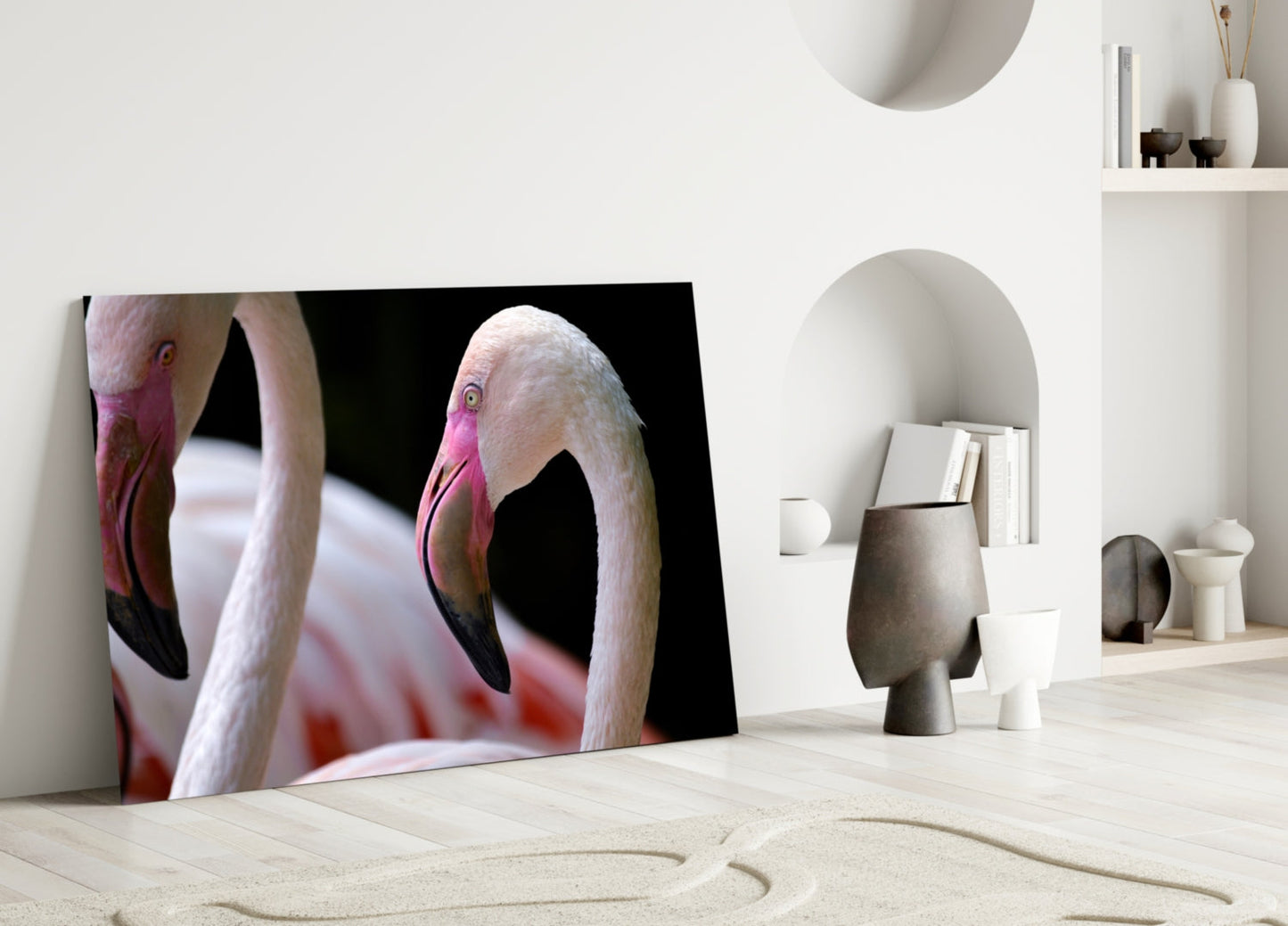 Two Pink Flamingo Heads Glass Wall Art