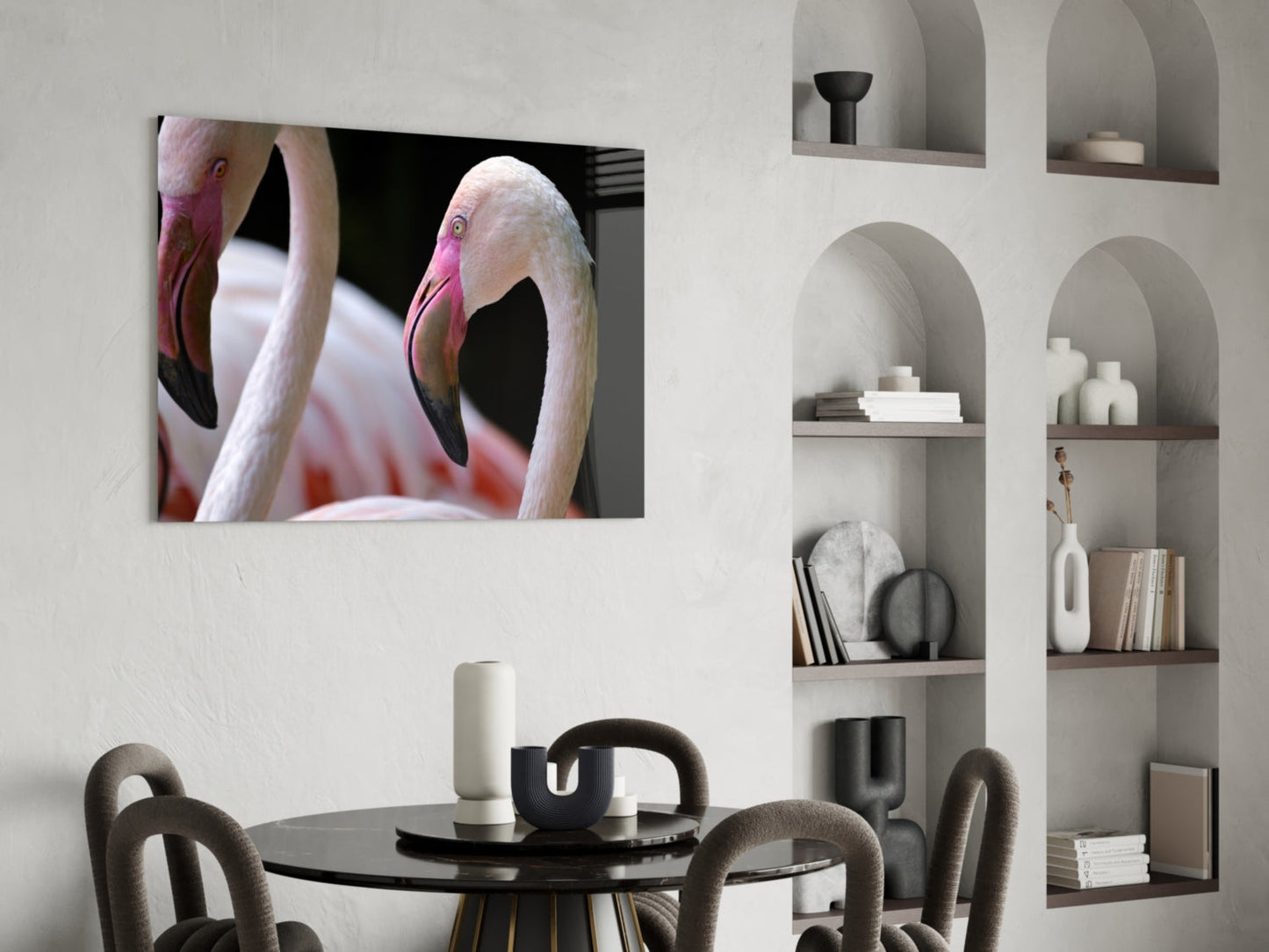 Two Pink Flamingo Heads Glass Wall Art
