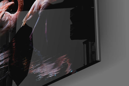 Black Background Wading Flamingos Glass Wall Art