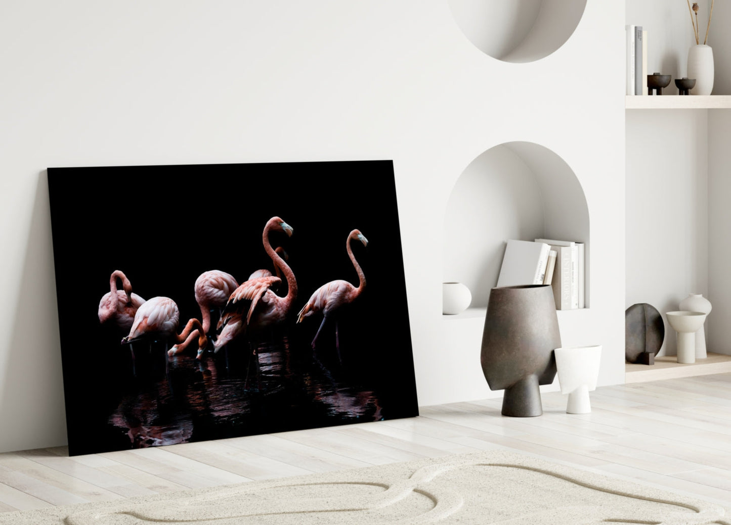 Black Background Wading Flamingos Glass Wall Art