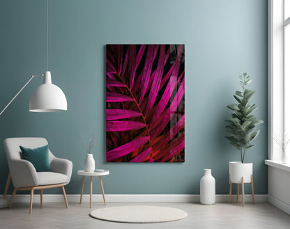 Magenta Palm Frond Closeup Glass Wall Art
