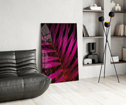 Magenta Palm Frond Closeup Glass Wall Art