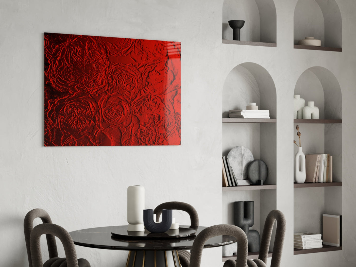 Crimson Textured Rose Relief Glass Wall Art