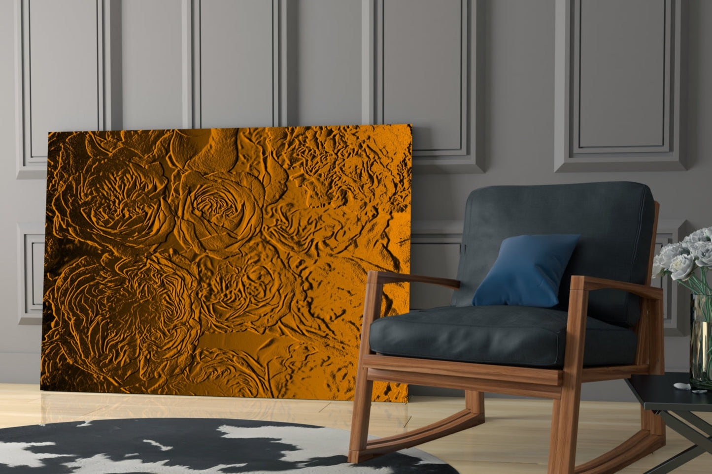 Amber Gold Rose Relief Texture Glass Wall Art