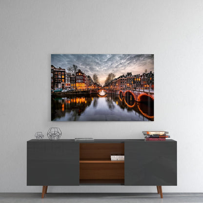 Illuminated Canal Bridge Dusk Glass Wall Art