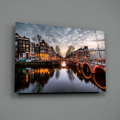 Illuminated Canal Bridge Dusk Glass Wall Art