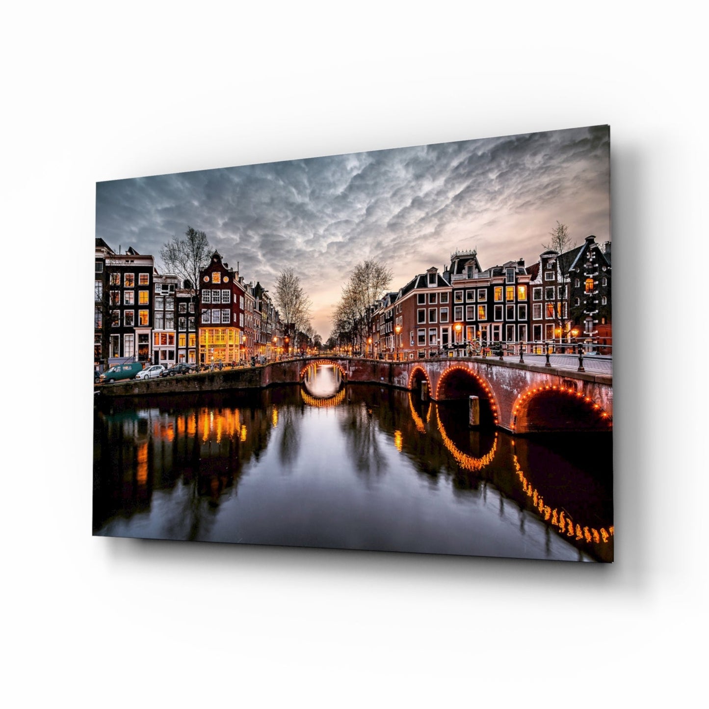 Illuminated Canal Bridge Dusk Glass Wall Art