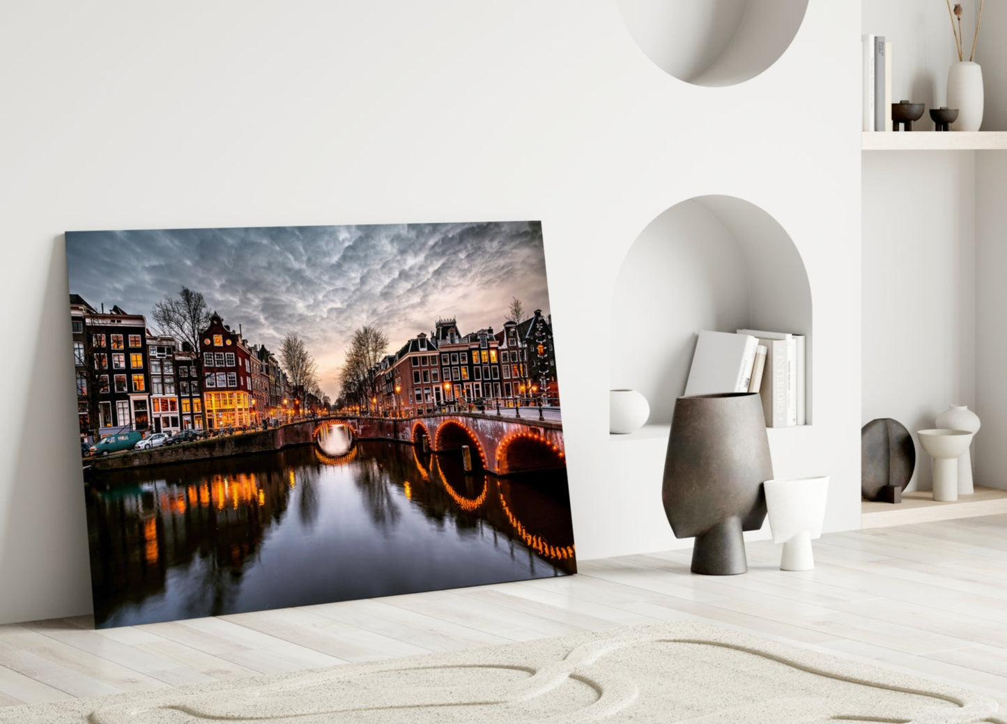 Illuminated Canal Bridge Dusk Glass Wall Art