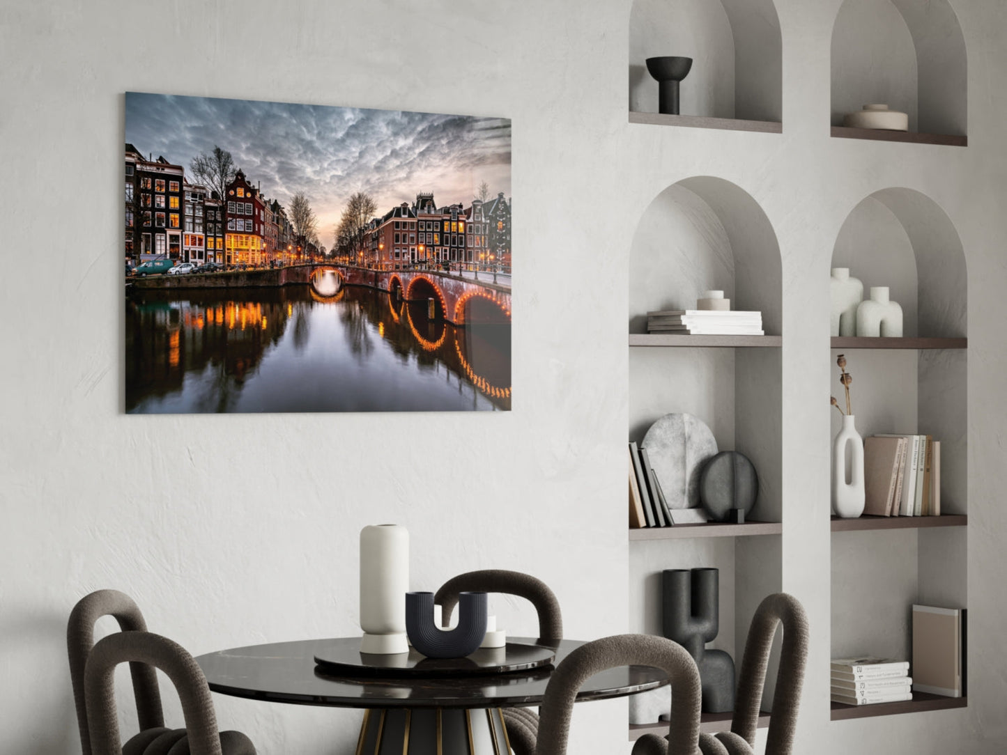 Illuminated Canal Bridge Dusk Glass Wall Art