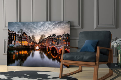 Illuminated Canal Bridge Dusk Glass Wall Art