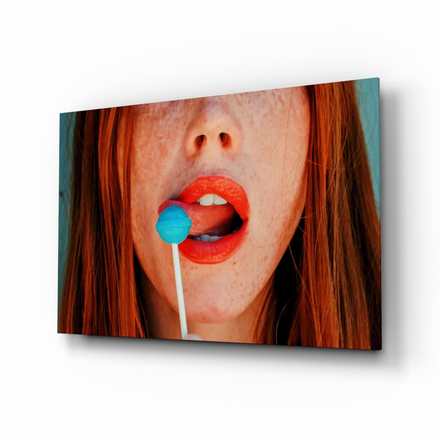 Coral Lips Blue Lollipop Redhead Glass Wall Art