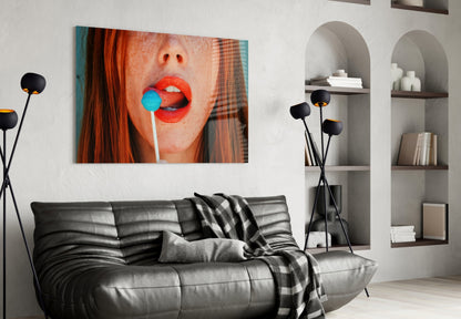 Coral Lips Blue Lollipop Redhead Glass Wall Art