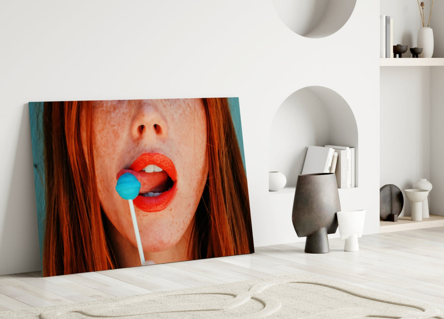 Coral Lips Blue Lollipop Redhead Glass Wall Art