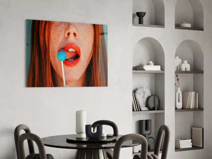 Coral Lips Blue Lollipop Redhead Glass Wall Art