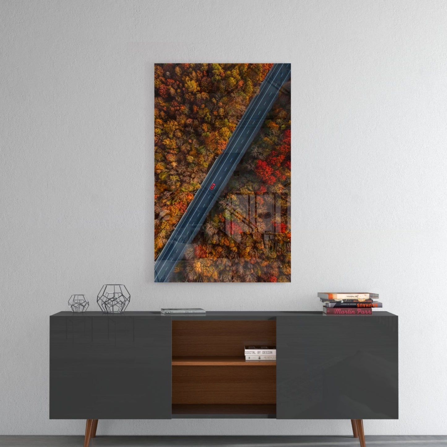 Aerial Autumn Forest Road Red Car Glass Wall Art