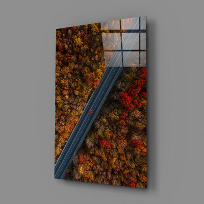 Aerial Autumn Forest Road Red Car Glass Wall Art