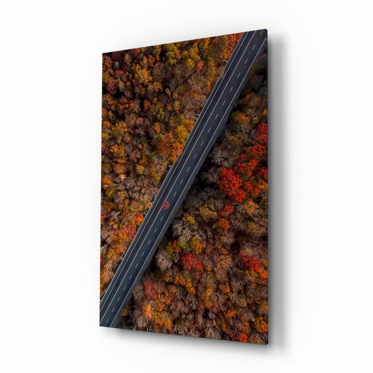 Angled view of glass wall art displaying aerial forest road with autumn foliage in red, orange, and yellow tones and a dark asphalt highway cutting diagonally across.