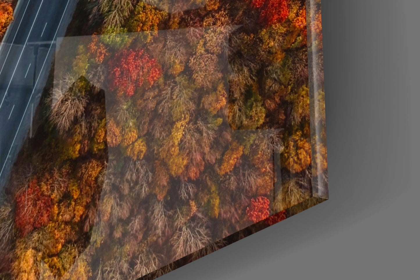 Aerial Autumn Forest Road Red Car Glass Wall Art