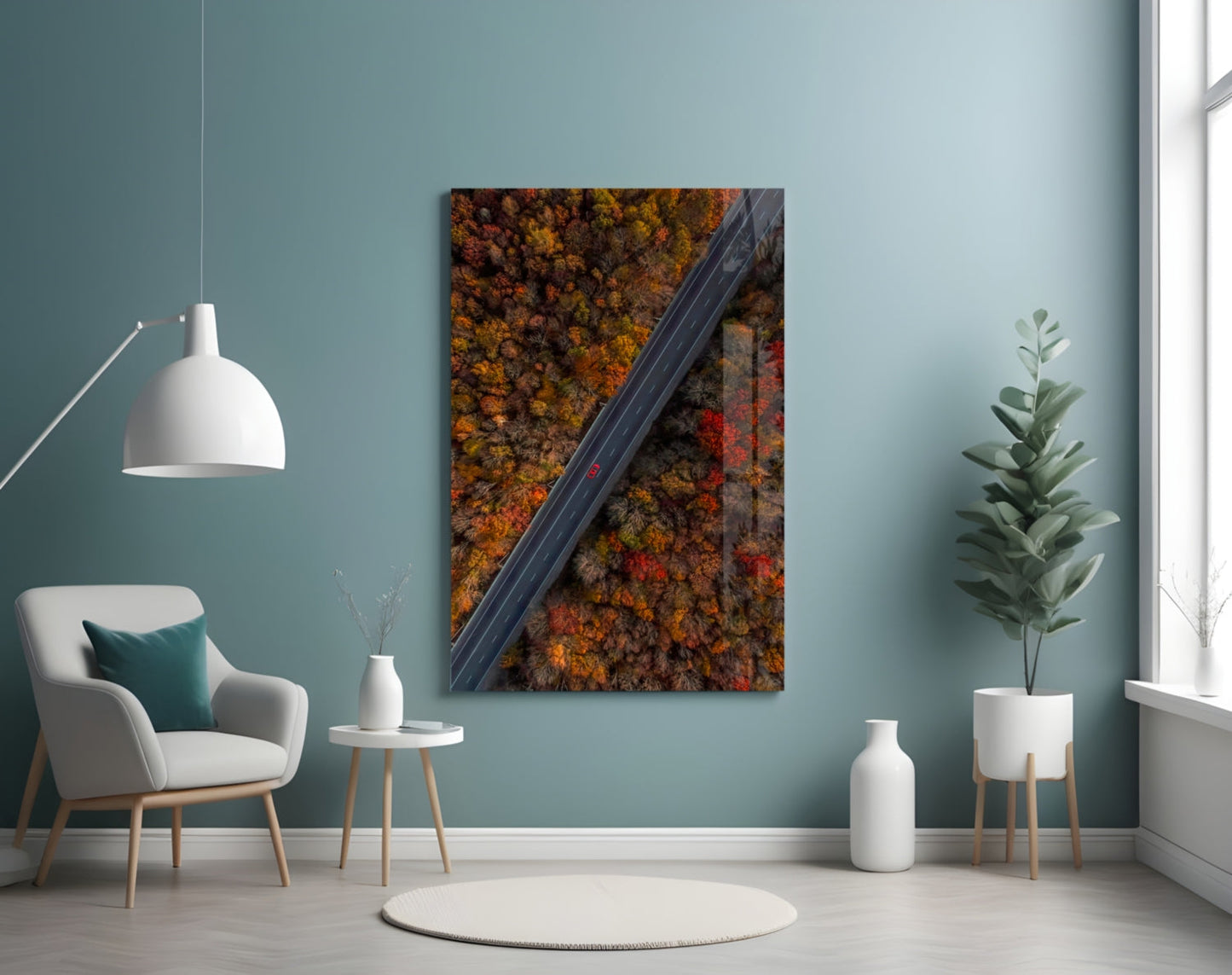 Aerial Autumn Forest Road Red Car Glass Wall Art
