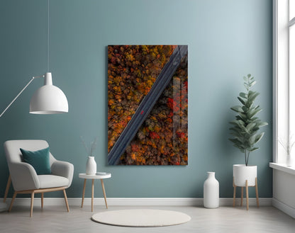 Aerial Autumn Forest Road Red Car Glass Wall Art