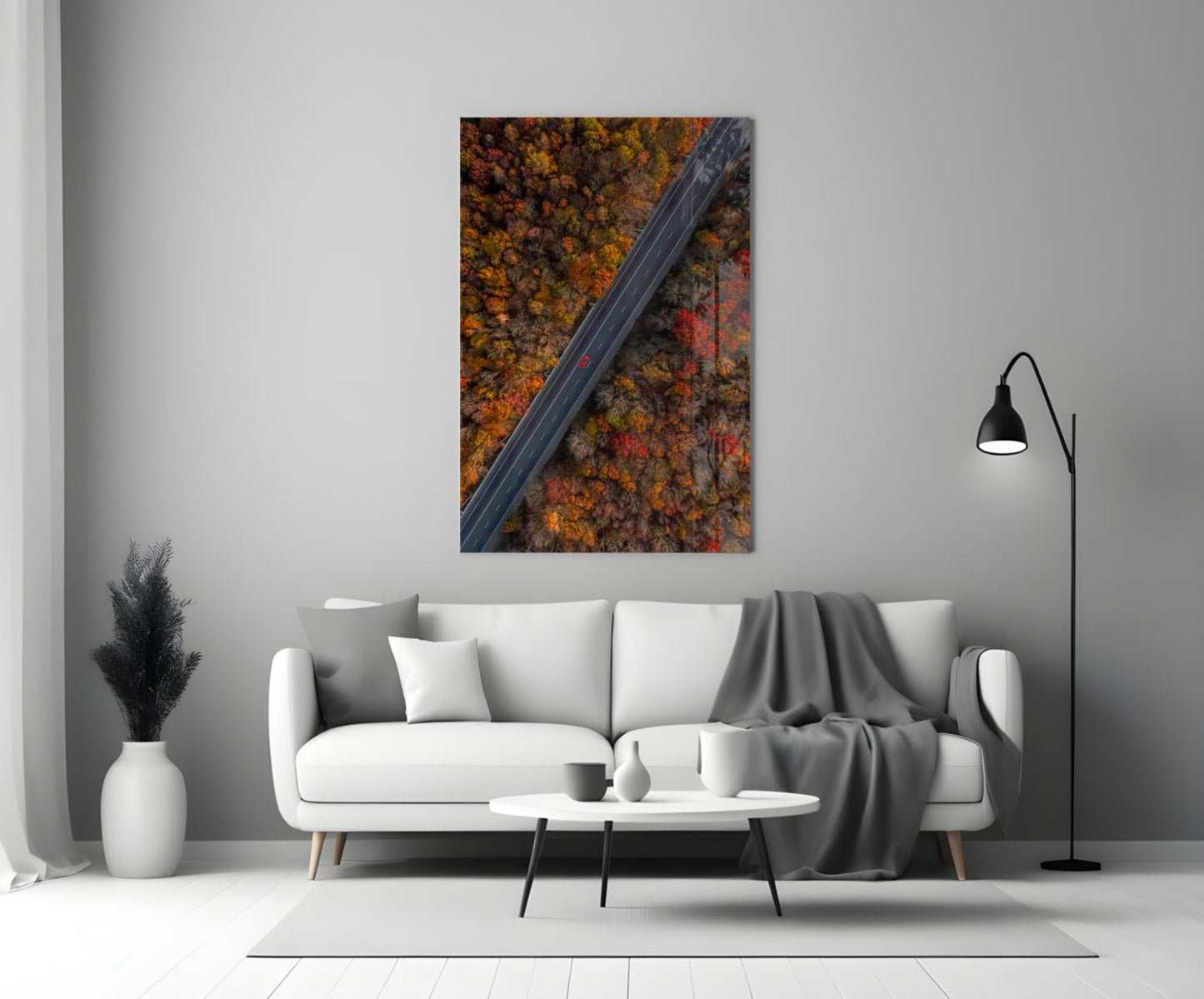 Aerial Autumn Forest Road Red Car Glass Wall Art