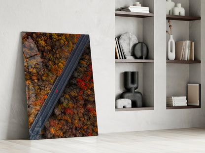 Aerial Autumn Forest Road Red Car Glass Wall Art