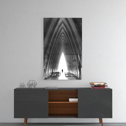 Black and White Arched Chapel Corridor Glass Wall Art