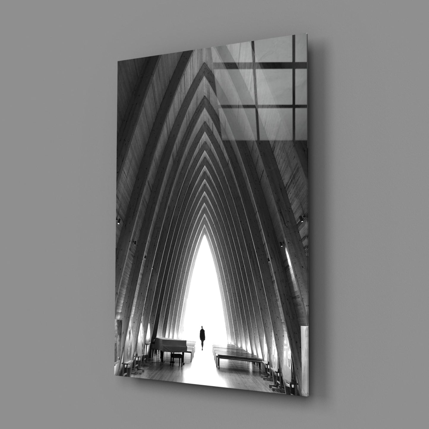 Black and White Arched Chapel Corridor Glass Wall Art
