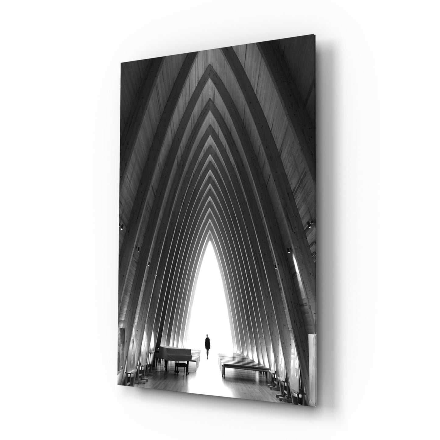 Black and White Arched Chapel Corridor Glass Wall Art