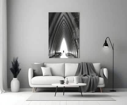 Black and White Arched Chapel Corridor Glass Wall Art