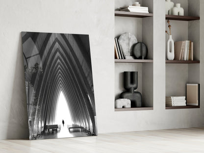 Black and White Arched Chapel Corridor Glass Wall Art