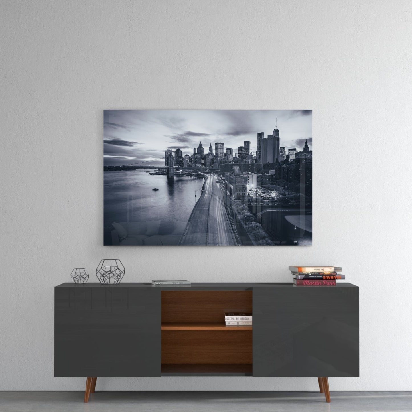 Monochrome City Skyline Bridge Dusk Glass Wall Art