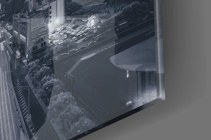 Monochrome City Skyline Bridge Dusk Glass Wall Art