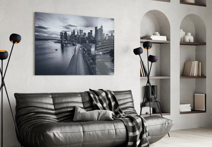 Monochrome City Skyline Bridge Dusk Glass Wall Art