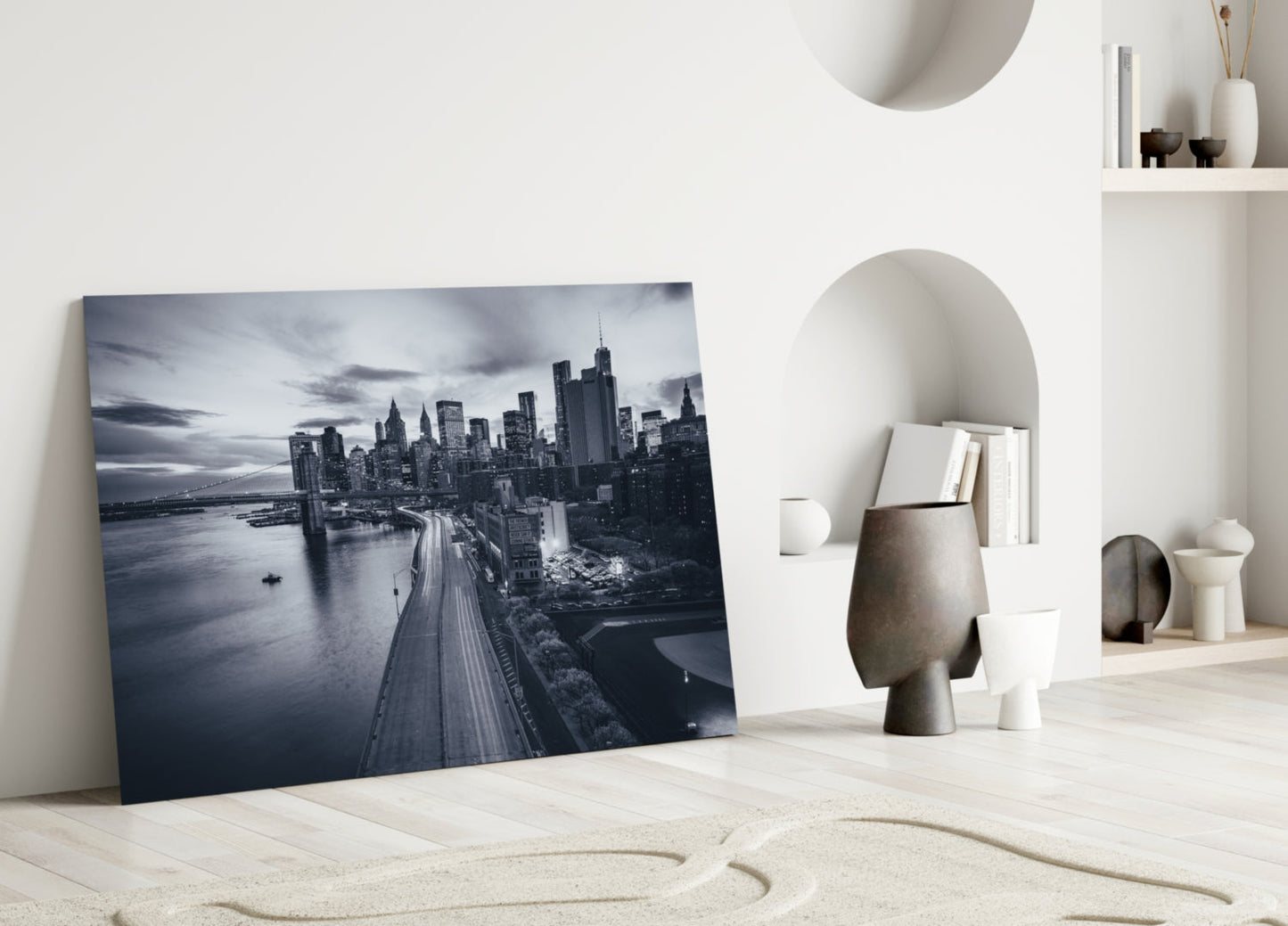 Monochrome City Skyline Bridge Dusk Glass Wall Art