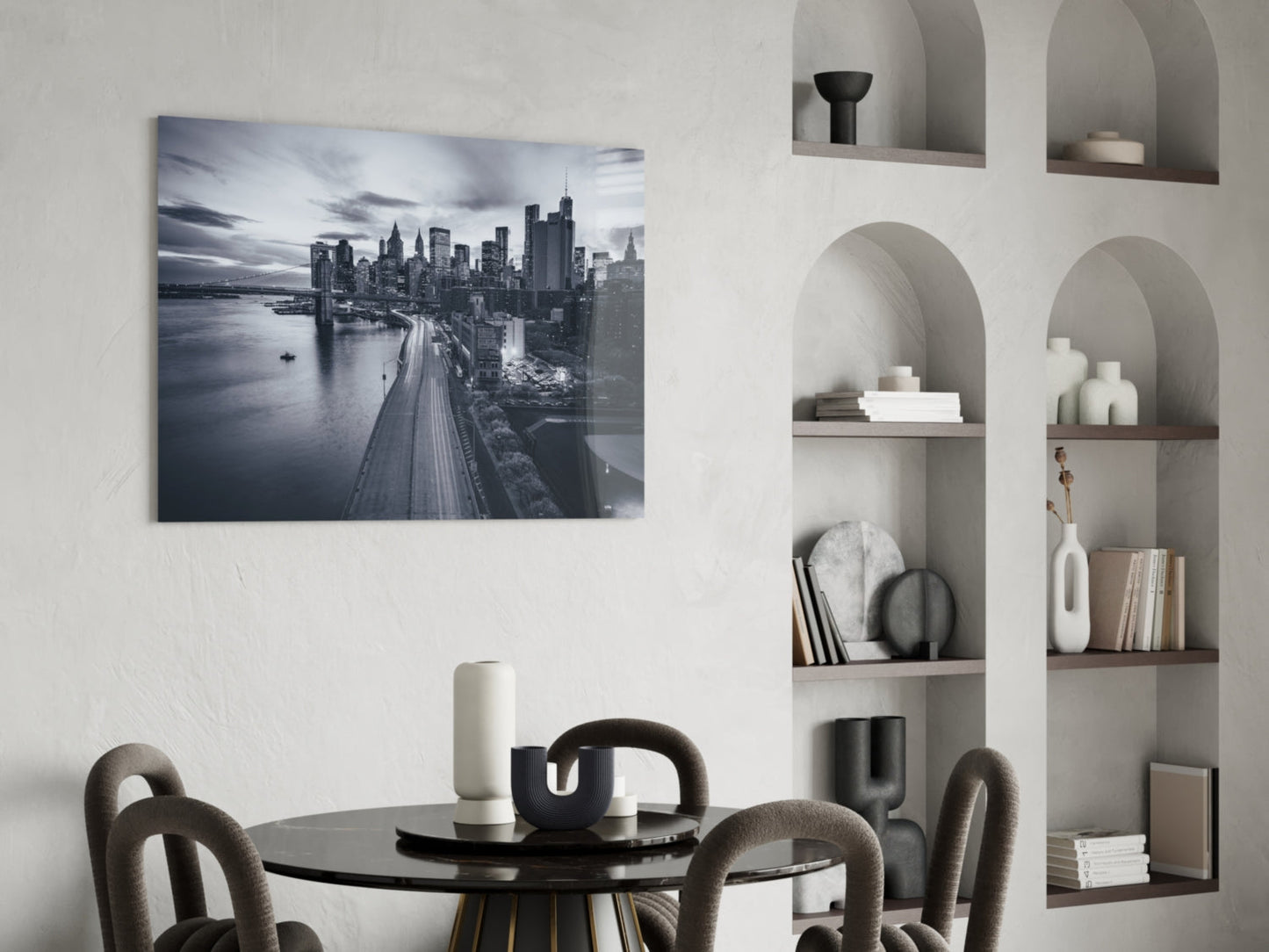 Monochrome City Skyline Bridge Dusk Glass Wall Art