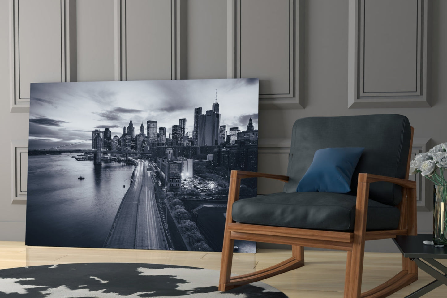 Monochrome City Skyline Bridge Dusk Glass Wall Art