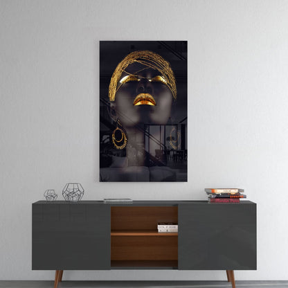 Gold Beaded Headdress Woman Glass Wall Art