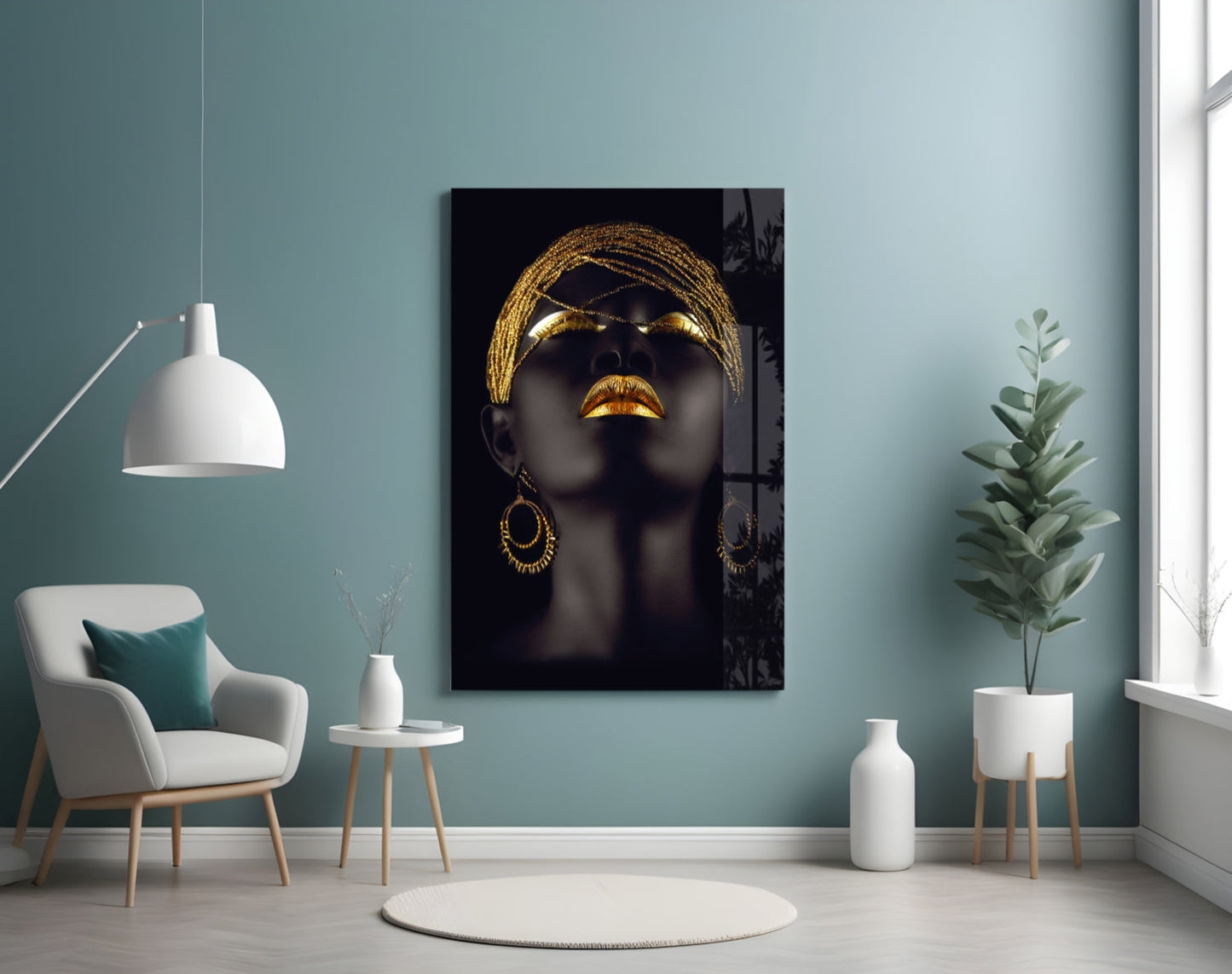 Gold Beaded Headdress Woman Glass Wall Art
