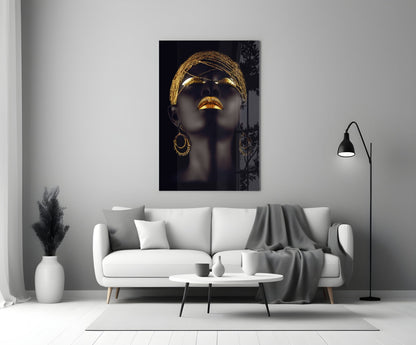 Gold Beaded Headdress Woman Glass Wall Art