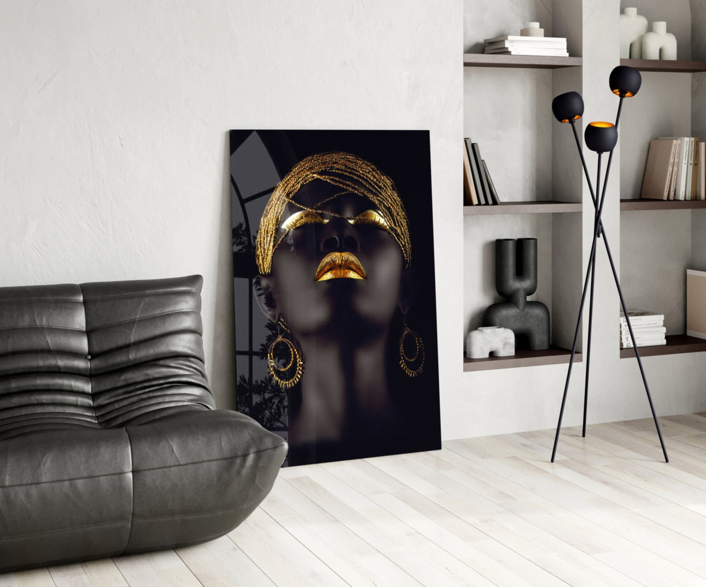 Gold Beaded Headdress Woman Glass Wall Art