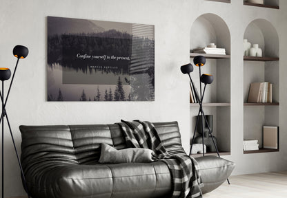 Confine Yourself Quote Misty Forest Lake Glass Wall Art