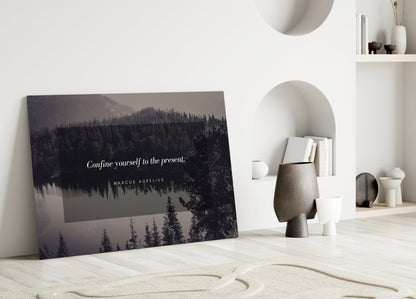 Confine Yourself Quote Misty Forest Lake Glass Wall Art