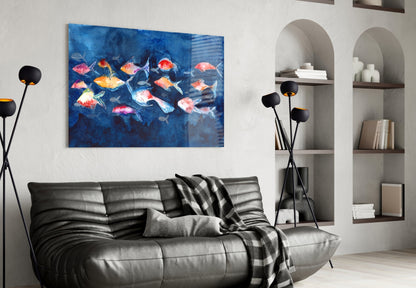 Colorful illuminated fish artwork displayed above black leather sofa in modern living room with built-in shelving.