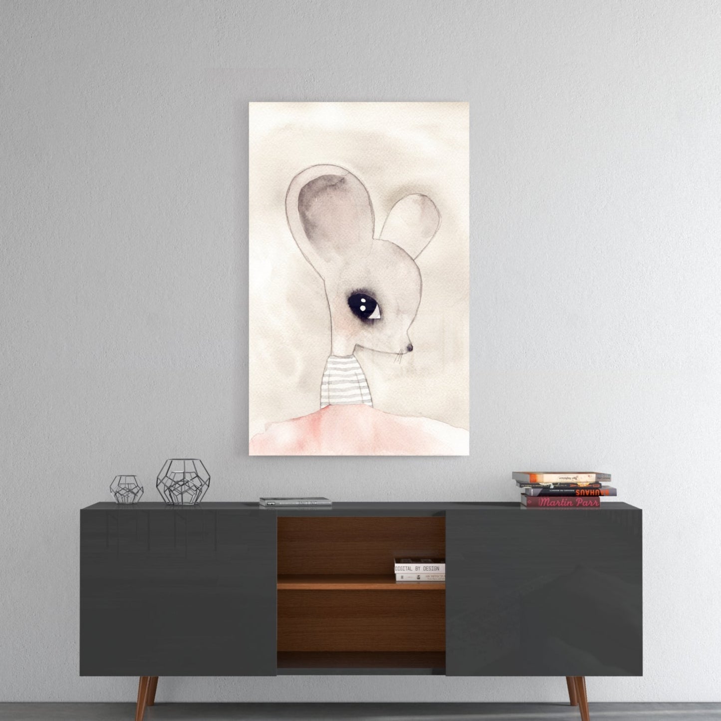Cute mouse glass wall art hung above a mid-century modern credenza, showing watercolor illustration of a white mouse with large ears and striped shirt.