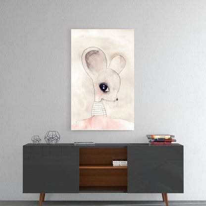 Cute mouse glass wall art hung above a mid-century modern credenza, showing watercolor illustration of a white mouse with large ears and striped shirt.