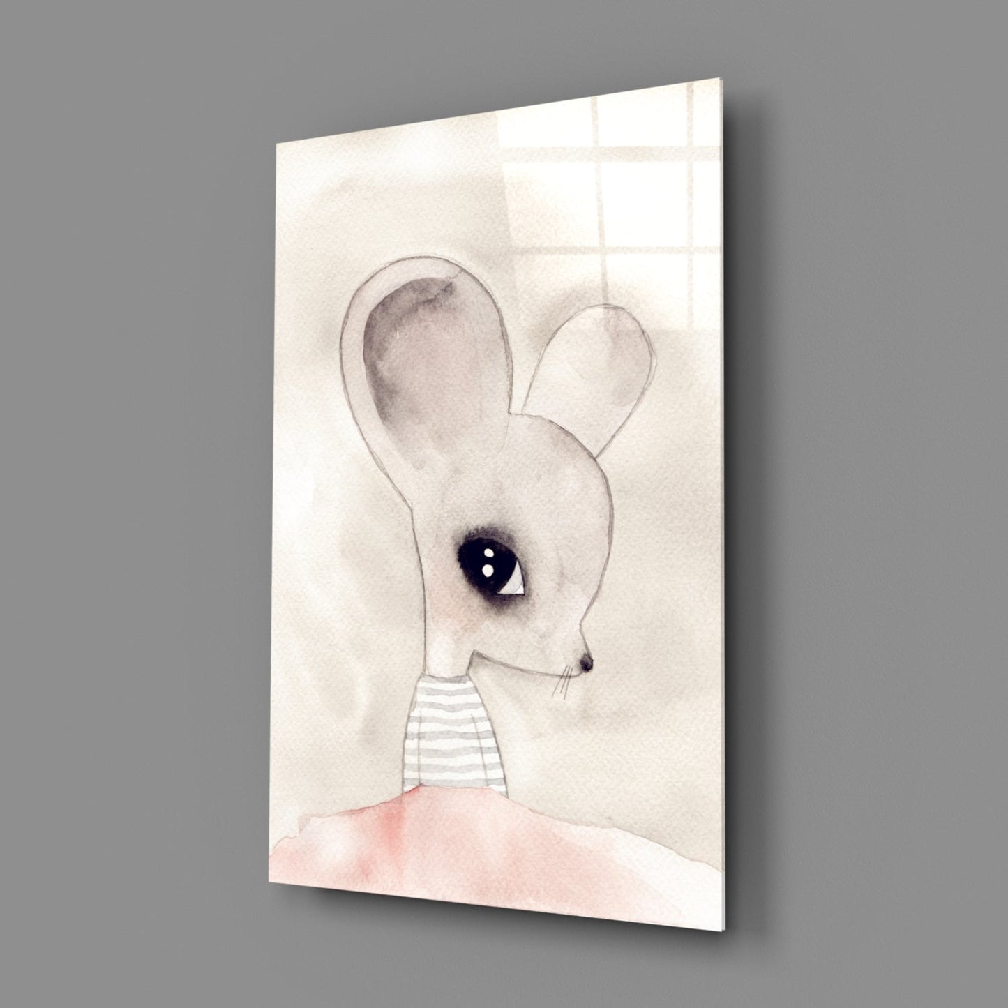 Glass wall art displaying a watercolor illustration of a mouse with large ears, striped shirt, and pink skirt in profile view.