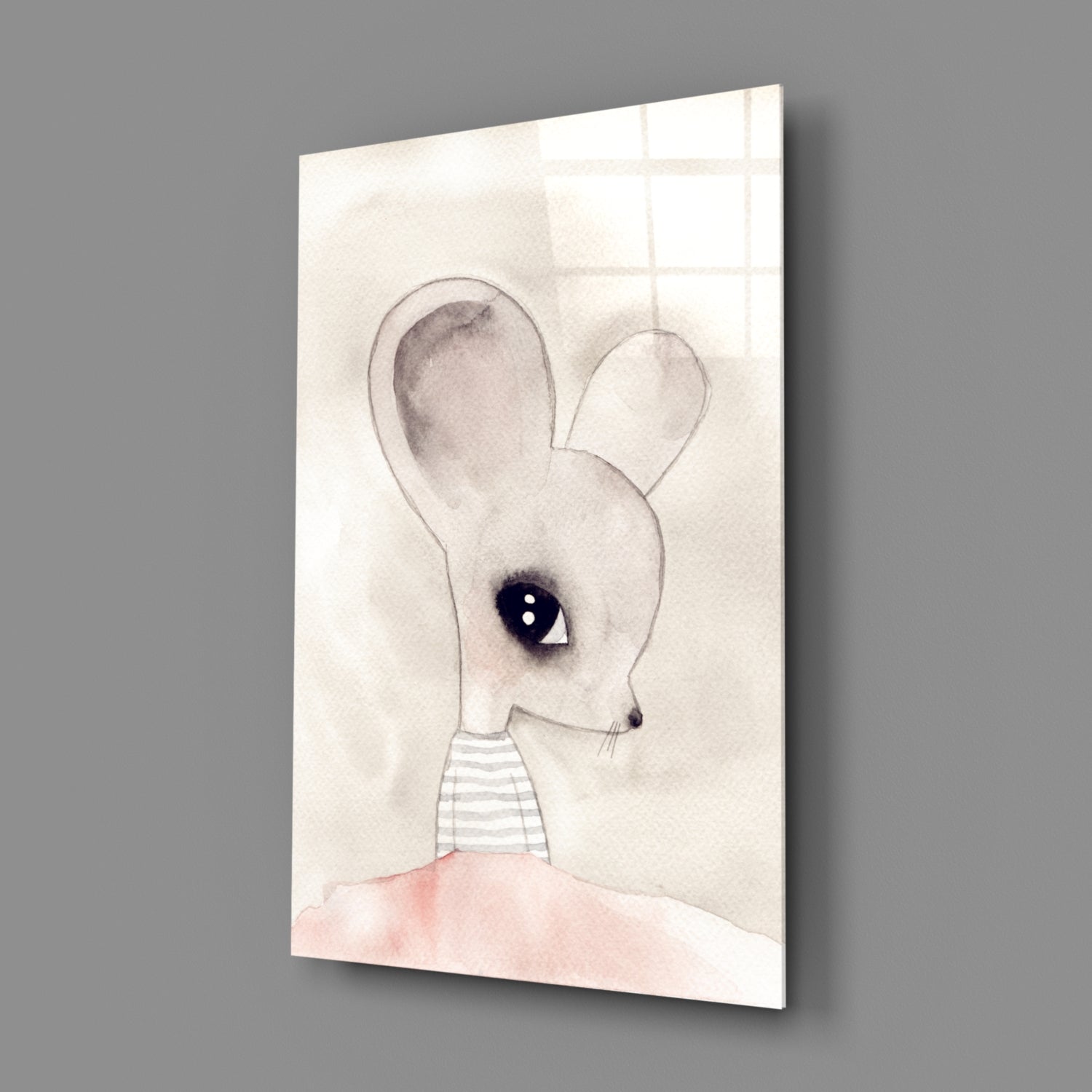 Glass wall art displaying a watercolor illustration of a mouse with large ears, striped shirt, and pink skirt in profile view.